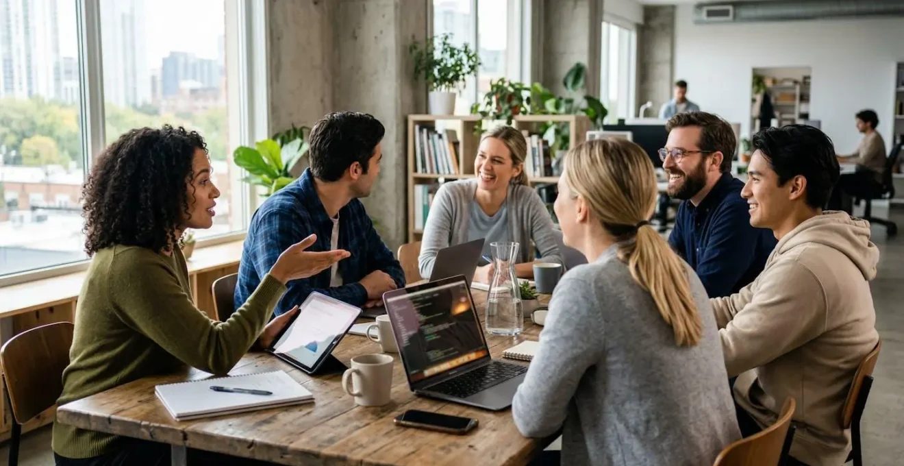 Une équipe en réunion informelle autour d'une table avec tablettes et ordinateurs, vue de profil, ambiance collaborative