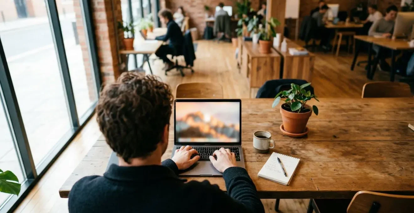 Une personne travaille sur un ordinateur portable dans un espace de coworking lumineux, vue par-dessus l'épaule, écran flouté