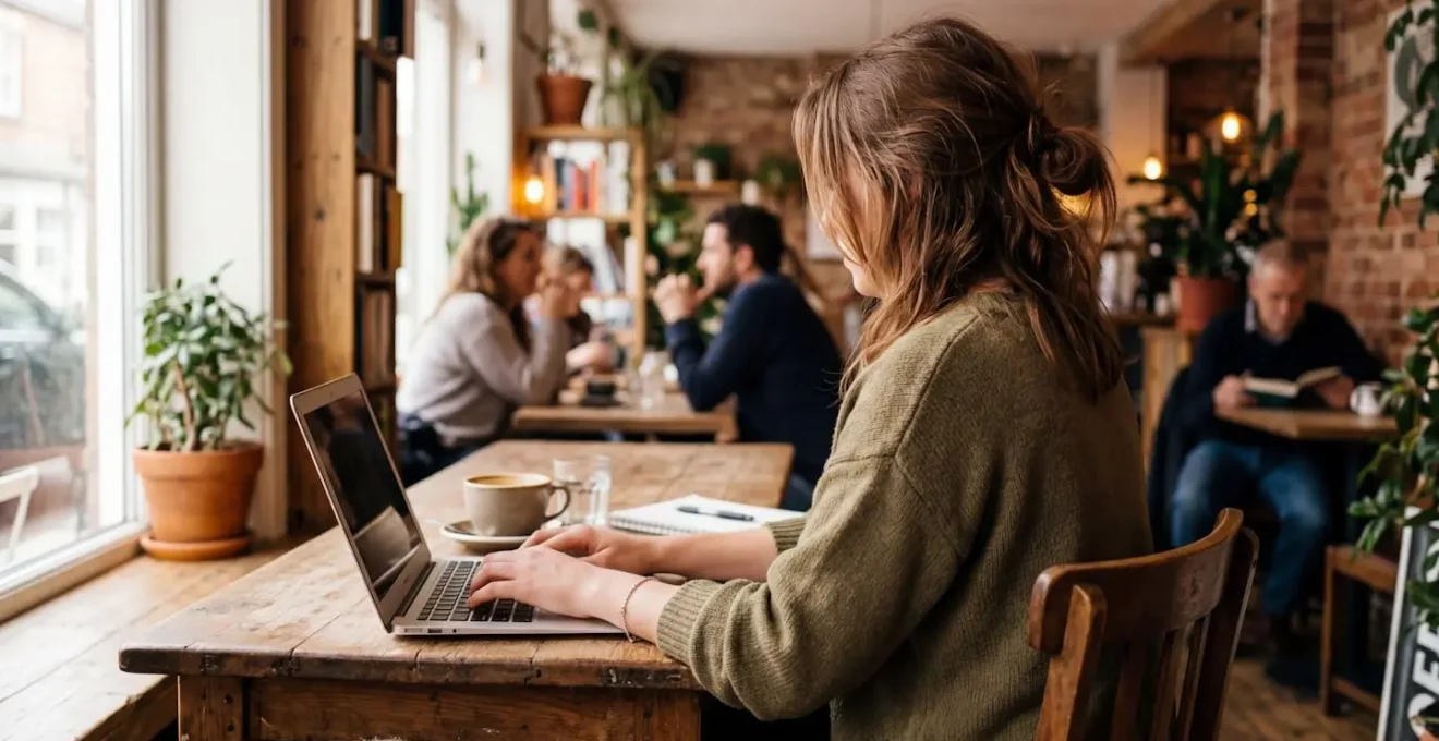 Une personne travaille sur son ordinateur portable dans un café lumineux, vue de trois-quarts dos, ambiance concentrée